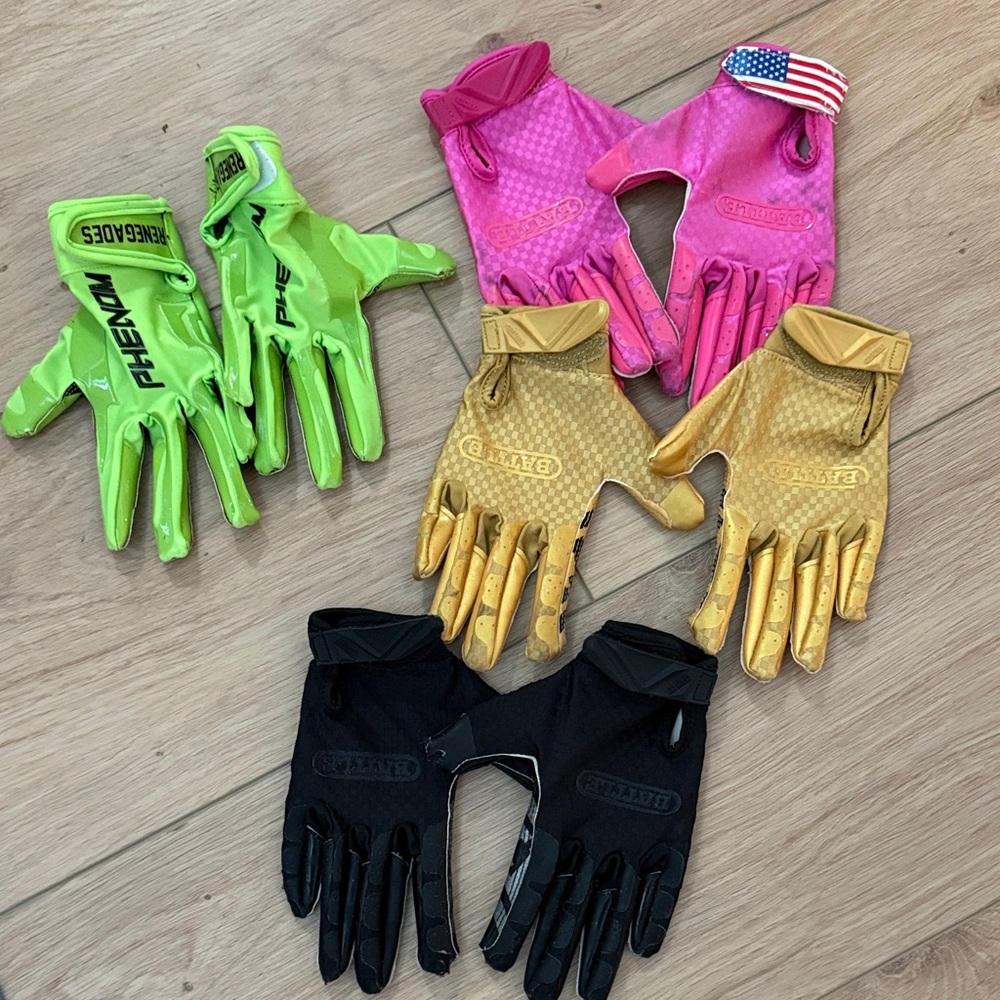 Lot of boys Small Football Receiver Gloves - Pink, Gold, Black, Green
